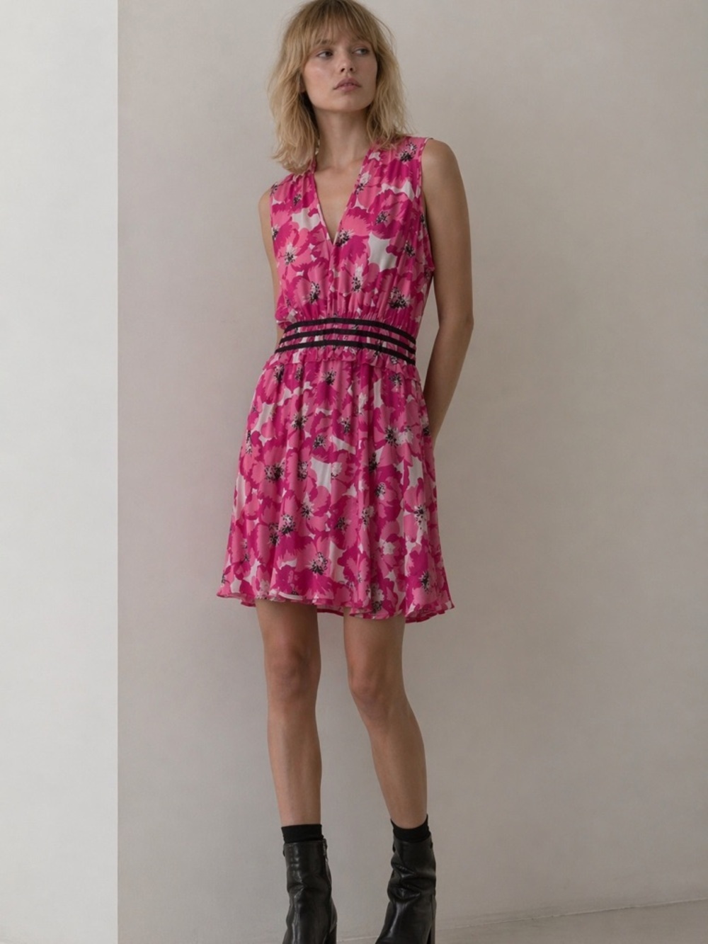 THE KOOPLES PARIS French Luxury 100% Silk Pink Summer Party Midi Dress